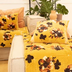 Coussin floral en velours (40x60 cm - Jaune)