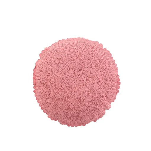 Coussin rond avec dentelle en coton rose 38x38cm