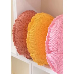 Coussin rond avec dentelle en coton rose 38x38cm
