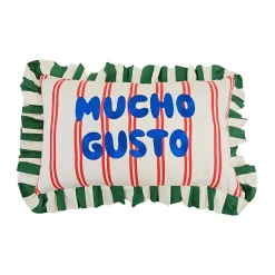 Coussin Taxi Brousse brodé - Mucho Gusto - rayé rouge avec volants verts