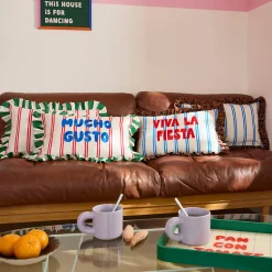 Coussin Taxi Brousse brodé - Viva la Fiesta - rayé bleu avec volants léopard