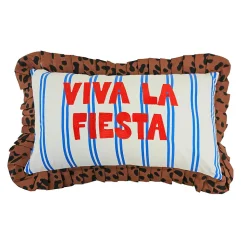 Coussin Taxi Brousse brodé - Viva la Fiesta - rayé bleu avec volants léopard
