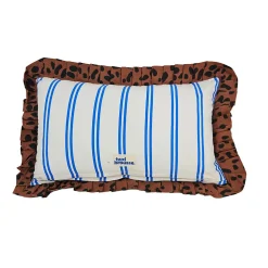 Coussin Taxi Brousse brodé - Viva la Fiesta - rayé bleu avec volants léopard