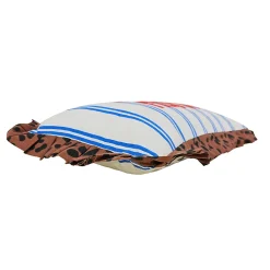 Coussin Taxi Brousse brodé - Viva la Fiesta - rayé bleu avec volants léopard