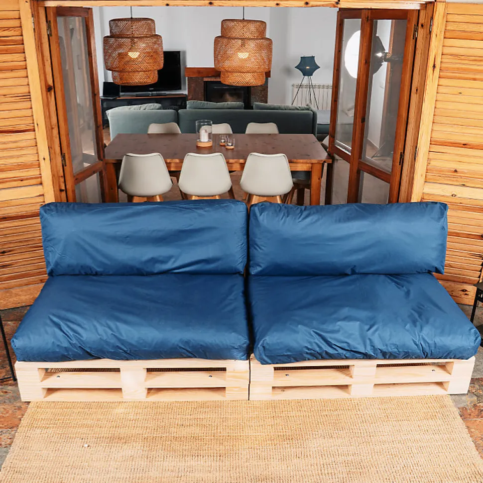 Coussins Palette Déhoussable Imperméable LOT x2 BANANAIR 120x80cm/120x40cm Bleu