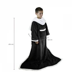 Couverture polaire, plaid intégral avec manches et poche - 120 x 160 cm - Sherpa et flanelle - Enfant - Noir - Vivezen