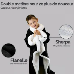 Couverture polaire, plaid intégral avec manches et poche - 120 x 160 cm - Sherpa et flanelle - Enfant - Noir - Vivezen