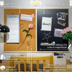 Creative Home 90x60cm Tableau Liege Mural, Tableau Magnétique Aimanté et Tableau Noir - Inclus Éponge, Aimants, Craie et Punaises