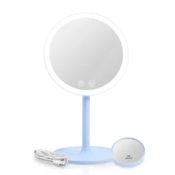 EMKE Miroir de maquillage avec éclairage, lumière variable, grossissement 1/3x, dimmable et interrupteur tactile, bleu clair