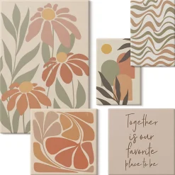 Ensemble 5 Pièces sur Châssis Bois Wallfluent Fleurs Abstraites Pastel Effet Visuel Spectaculaire