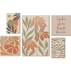Ensemble 5 Pièces sur Châssis Bois Wallfluent Fleurs Abstraites Pastel Effet Visuel Spectaculaire