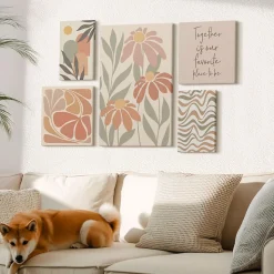 Ensemble 5 Pièces sur Châssis Bois Wallfluent Fleurs Abstraites Pastel Effet Visuel Spectaculaire