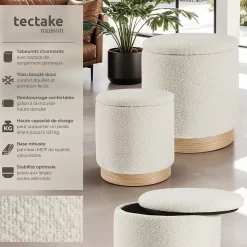 Ensemble de 2 poufs avec espace de rangement rond grand tabouret 38 x 42 cm, petit tabouret 32 x 34 cm
