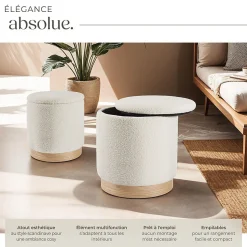 Ensemble de 2 poufs avec espace de rangement rond grand tabouret 38 x 42 cm, petit tabouret 32 x 34 cm