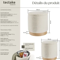 Ensemble de 2 poufs avec espace de rangement rond grand tabouret 38 x 42 cm, petit tabouret 32 x 34 cm