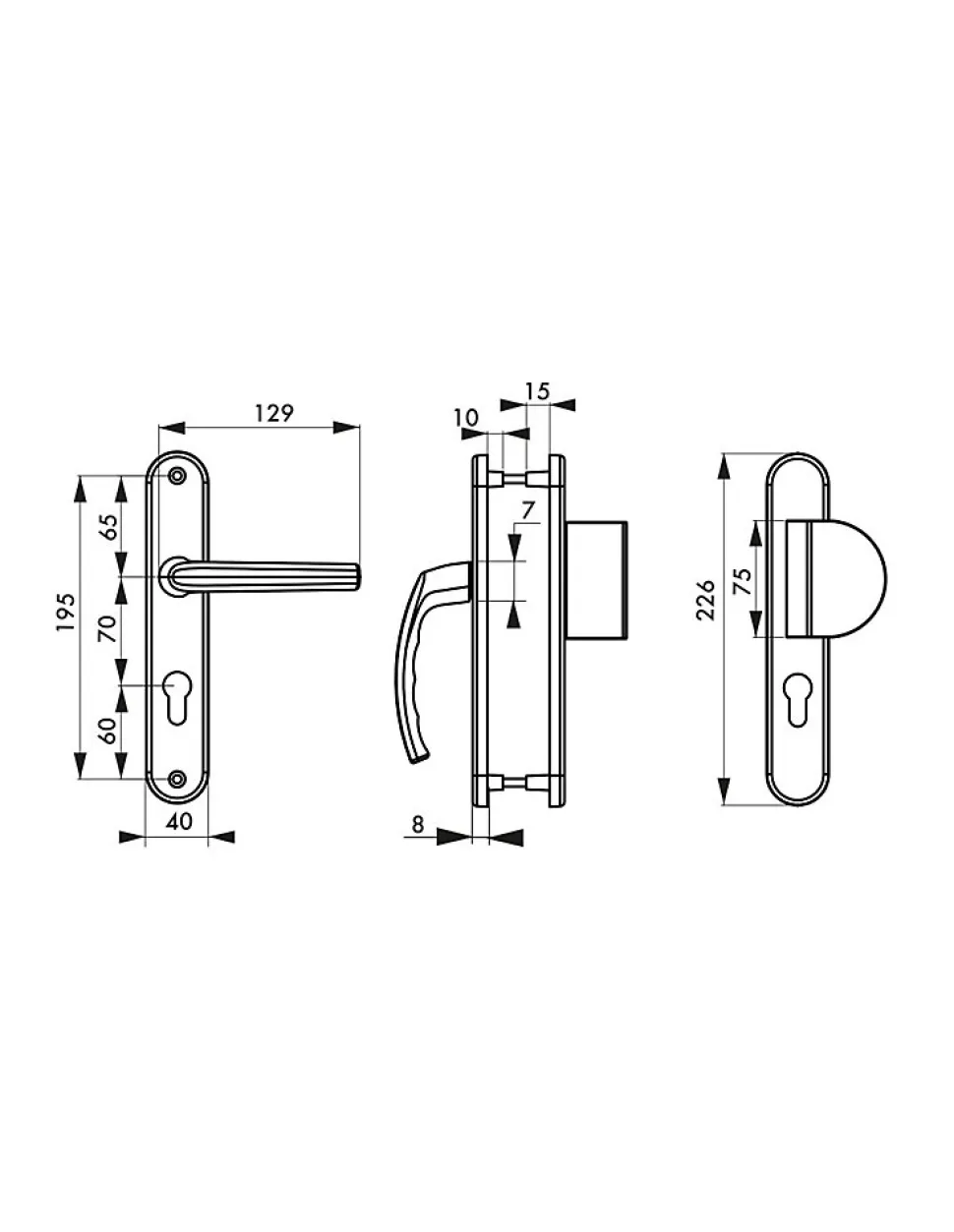 Ensemble de poignées pour porte palière Sultane trou de cylindre, carré 7mm, entr'axes 195mm, argent - THIRARD