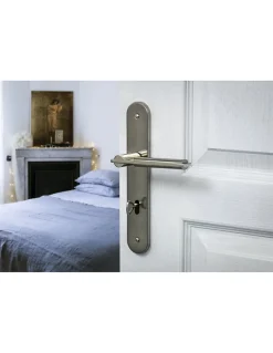 Ensemble de poignées pour porte de chambre Gaia trou de clé, carré 7mm, entr'axes 195mm, nickelé brossé - THIRARD