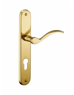 Ensemble de poignées pour porte d'entrée Marianne trou de cylindre, carré 7mm, entr'axes 195mm, laiton poli - THIRARD