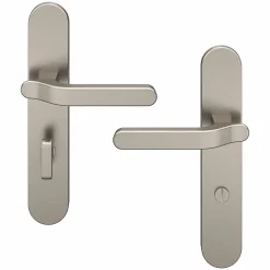 Ensemble poignée sur plaque rond à condamnation GoodHome Prat effet nickel satin gris L.129mm x l.42mm entraxe 165-195mm
