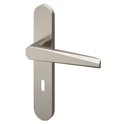Ensemble poignée sur plaque rond serrure GoodHome Keri effet nickel satin gris L.140mm x l.42mm entraxe 165-195mm