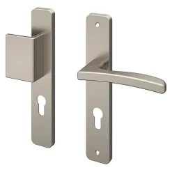 Ensemble poignée sur plaque rectangulaire GoodHome Irvil effet nickel satin gris L.126.5mm x l.24.5mm entraxe 195mm
