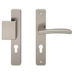 Ensemble poignée sur plaque rectangulaire GoodHome Irvil effet nickel satin gris L.126.5mm x l.24.5mm entraxe 195mm