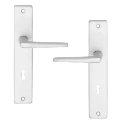Ensemble poignée sur plaque rectangulaire serrure Colan effet argenté satin gris L.106mm x l.39.8mm entraxe 195mm