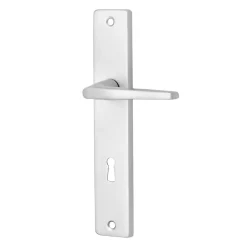 Ensemble poignée sur plaque rectangulaire serrure Colan effet argenté satin gris L.106mm x l.39.8mm entraxe 195mm