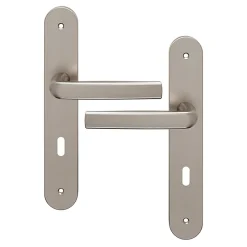 Ensemble poignée sur plaque Incurvé serrure GoodHome Primel effet nickel satin gris L.126mm x l.40mm entraxe 195mm