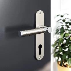 Ensemble poignée sur plaque rondcylindre GoodHome Brigg effet chrome et nickel satin gris L.132mm x l.40mm entraxe 165mm