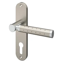 Ensemble poignée sur plaque rondcylindre GoodHome Brigg effet chrome et nickel satin gris L.132mm x l.40mm entraxe 165mm