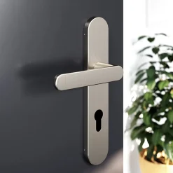 Ensemble poignée sur plaque rondcylindre GoodHome Minzh effet nickel satin gris L.120mm x l.42mm entraxe 165-195mm