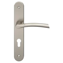 Ensemble poignée sur plaque rond cylindre GoodHome Hirel effet nickel satin gris chromé L.128mm x l.40mm entraxe 195mm