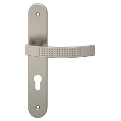 Ensemble poignée sur plaque rondcylindre GoodHome Diss effet nickel satin gris L.139mm x l.40mm entraxe 195mm