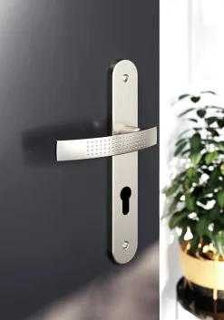 Ensemble poignée sur plaque rondcylindre GoodHome Diss effet nickel satin gris L.139mm x l.40mm entraxe 195mm