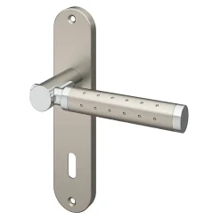 Ensemble poignée sur plaque rond serrure GoodHome Brigg effet chrome et nickel satin gris L.132mm x l.40mm entraxe 165mm
