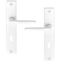 Ensemble poignée sur plaque rectangulaire serrure Colan satin blanc L.106mm x l.39.8mm entraxe 165mm