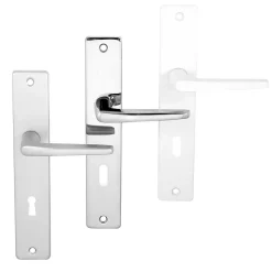 Ensemble poignée sur plaque rectangulaire serrure Colan satin blanc L.106mm x l.39.8mm entraxe 165mm