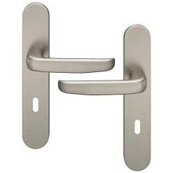 Ensemble poignée sur plaque rond serrure GoodHome Govlin effet nickel satin gris L.130mm x l.42mm entraxe 165-195mm