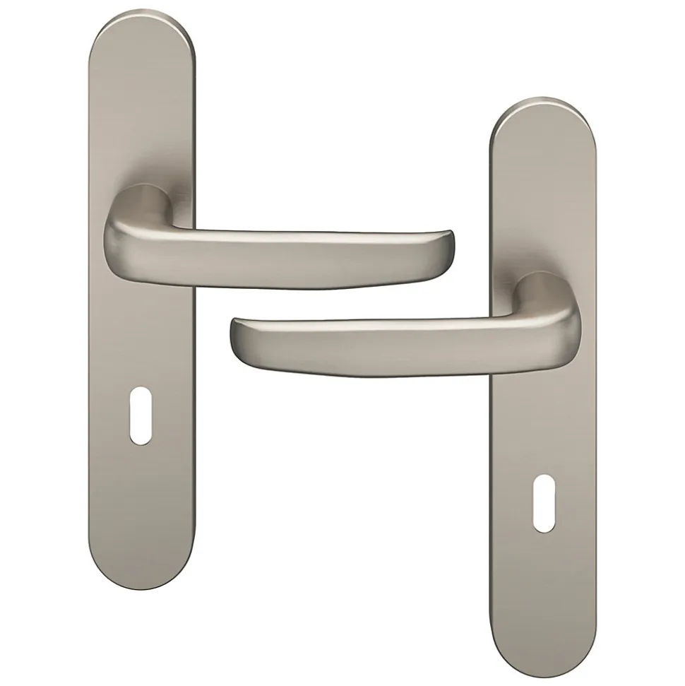 Ensemble poignée sur plaque rond serrure GoodHome Govlin effet nickel satin gris L.130mm x l.42mm entraxe 165-195mm