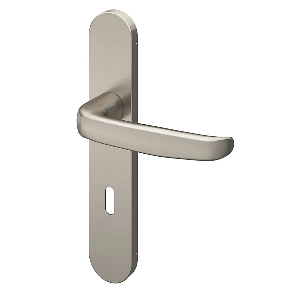 Ensemble poignée sur plaque rond serrure GoodHome Govlin effet nickel satin gris L.130mm x l.42mm entraxe 165-195mm
