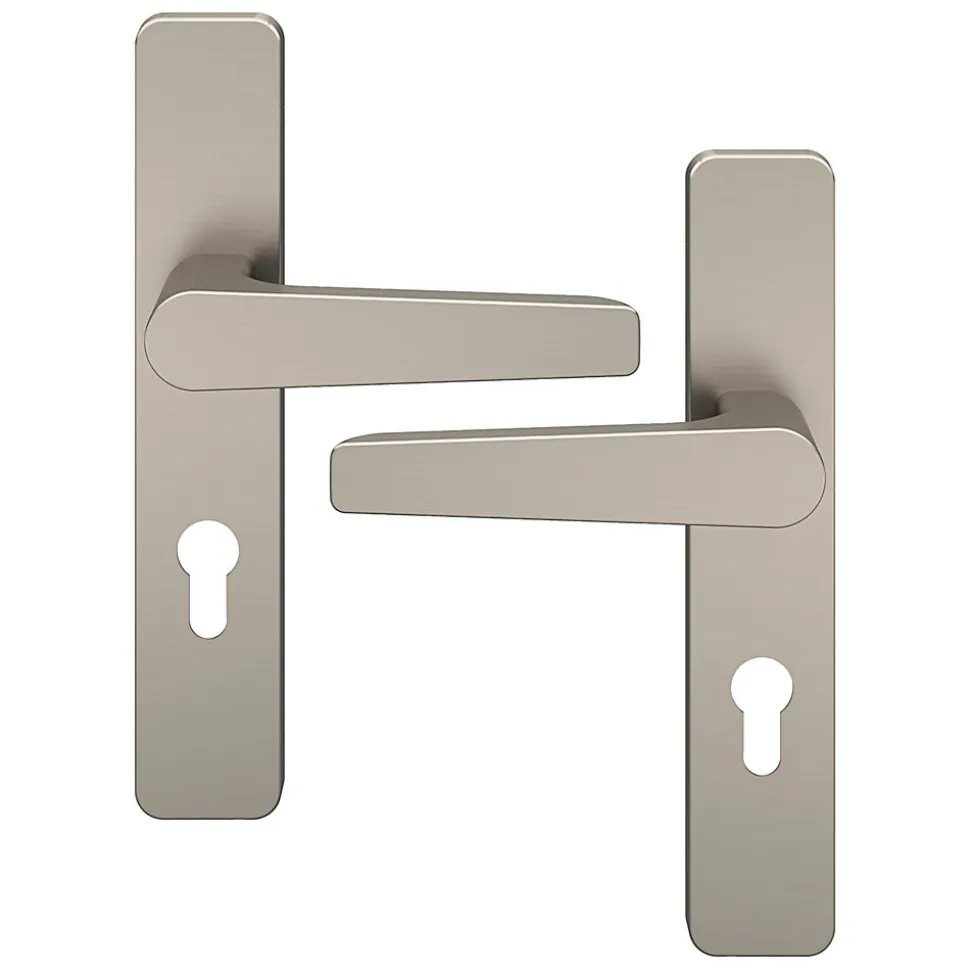 Ensemble poignée sur plaque rectangulairecylindre GoodHome Kerver effet nickel satin gris L.128mm x l.42mm entraxe 165-195mm