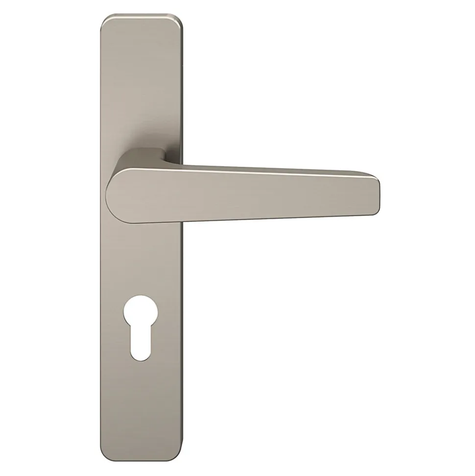 Ensemble poignée sur plaque rectangulairecylindre GoodHome Kerver effet nickel satin gris L.128mm x l.42mm entraxe 165-195mm