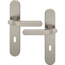 Ensemble poignée sur plaque rond serrure GoodHome Prat effet nickel satin gris L.129mm x l.42mm entraxe 165-195mm