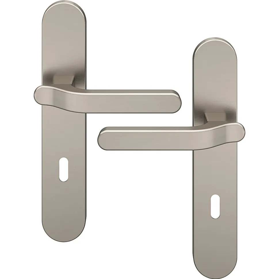 Ensemble poignée sur plaque rond serrure GoodHome Prat effet nickel satin gris L.129mm x l.42mm entraxe 165-195mm