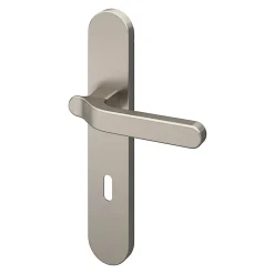 Ensemble poignée sur plaque rond serrure GoodHome Prat effet nickel satin gris L.129mm x l.42mm entraxe 165-195mm