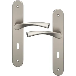Ensemble poignée sur plaque rond serrure GoodHome Breage effet nickel satin gris L.120.5mm x l.40mm entraxe 195mm