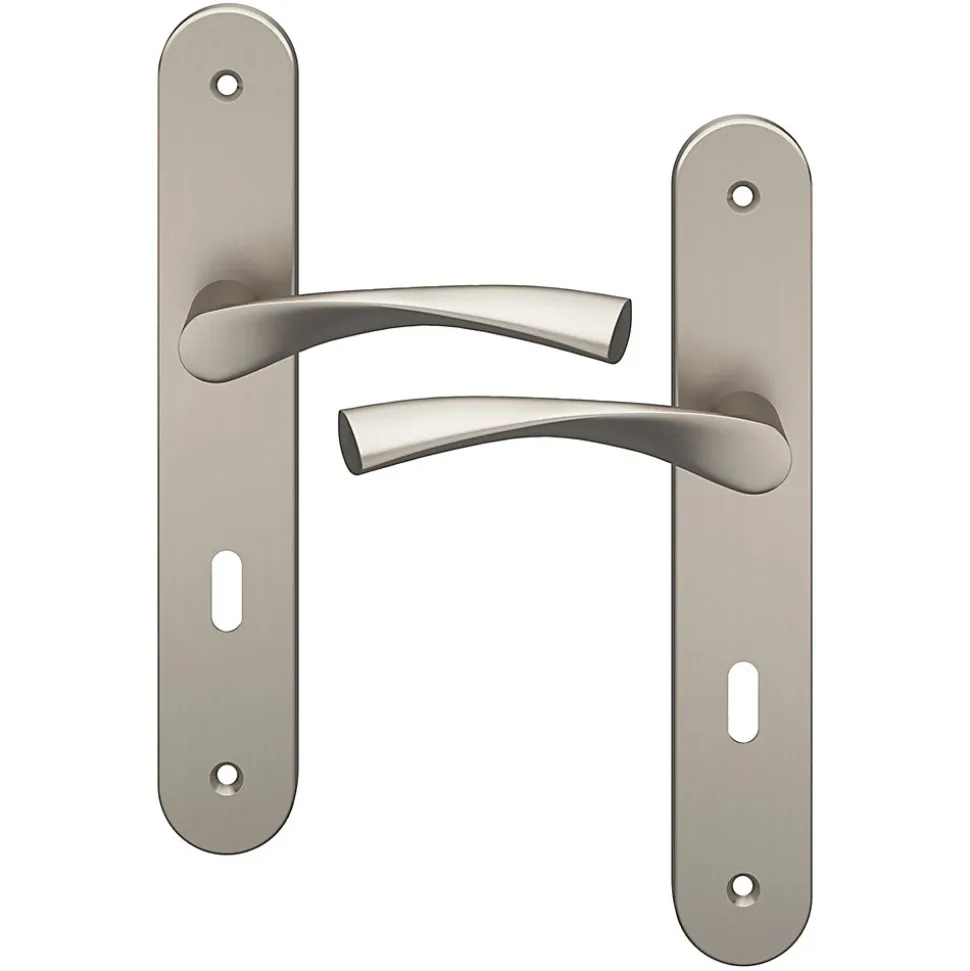 Ensemble poignée sur plaque rond serrure GoodHome Breage effet nickel satin gris L.120.5mm x l.40mm entraxe 195mm