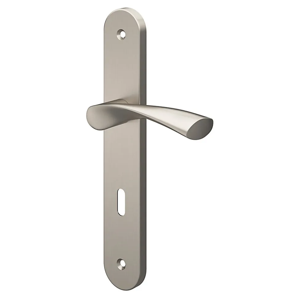 Ensemble poignée sur plaque rond serrure GoodHome Breage effet nickel satin gris L.120.5mm x l.40mm entraxe 195mm