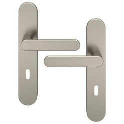 Ensemble poignée sur plaque rond serrure GoodHome Minzh effet nickel satin gris L.120mm x l.42mm entraxe 165-195mm